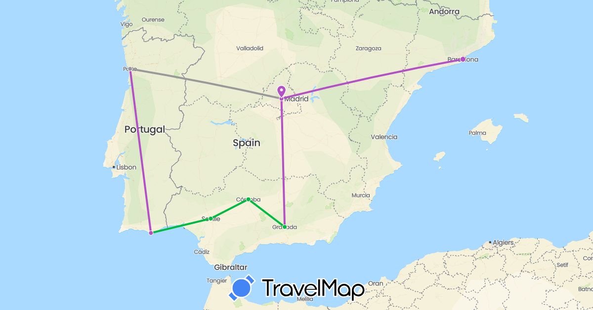 TravelMap itinerary: driving, bus, plane, train in Spain, Portugal (Europe)